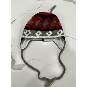 Screamer Men Knit Chullo Earflap Beanie Hat Fleece Lined Red Grey Geometric